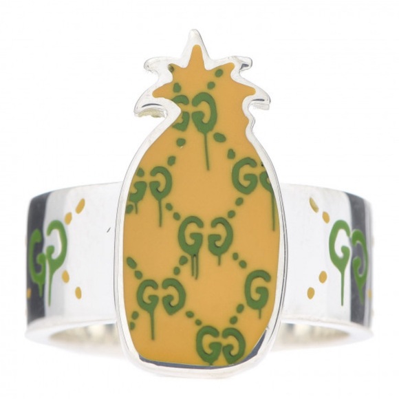 NWOT authentic Gucci Sterling Silver Enamel GucciGhost Pineapple GG Ring us6 - Picture 1 of 16